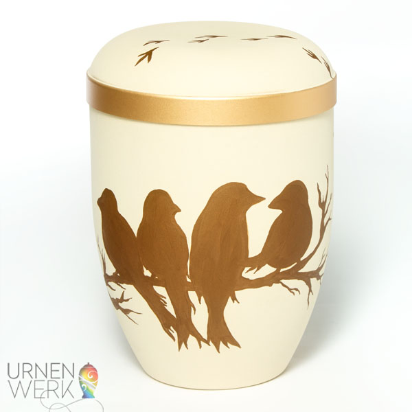 Bio Urne "Vögelspallier" für Vogelfans - Urnenwerk - Individuell Vogelspallier bronzefarben mit Vogeltapsern auf dem Deckel