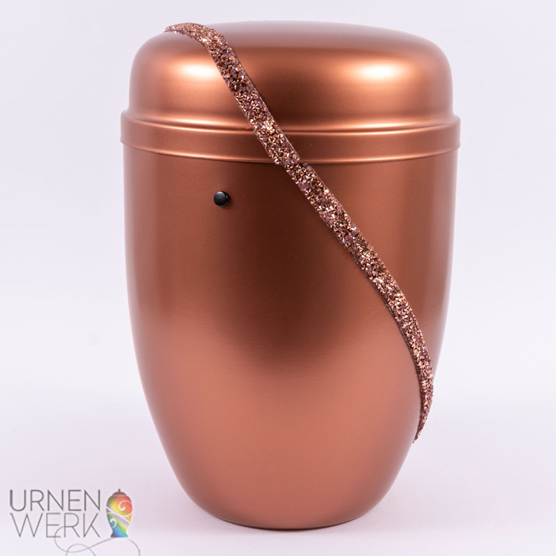 Metall Urne kupferfarben- Herzensband - Ansicht von hinten Ansicht von oben auf den Deckel - Detailbereich des Bandes