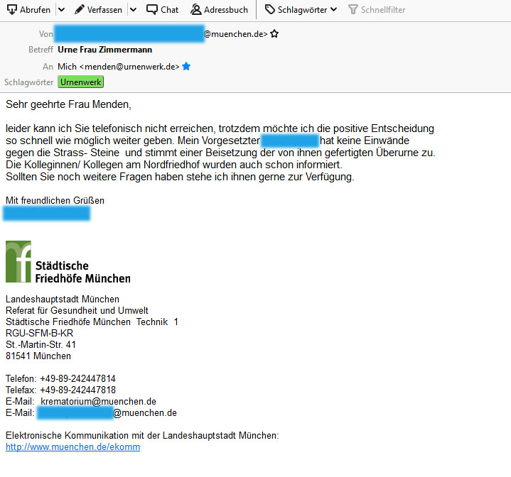 Offizielle Bestätigung - Erlaubnis zur Beisetzung der Sabine Zimmermann Urne